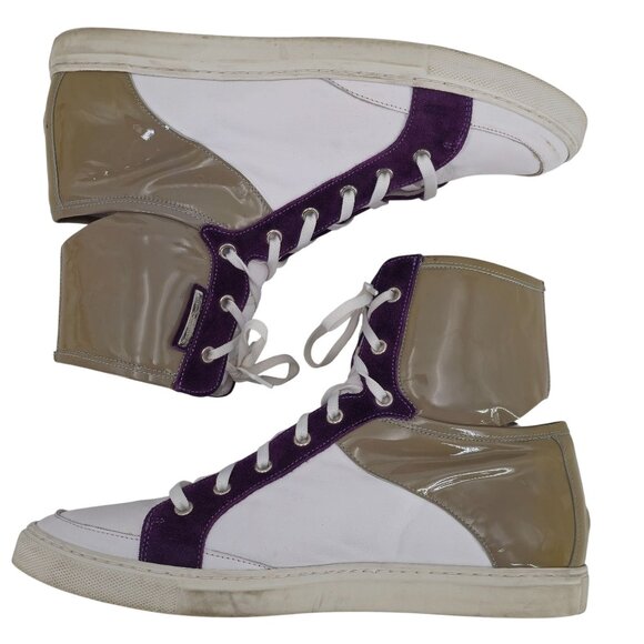 Alessandro Dell'Acqua Mens 9.5 White Tan Purple Patent Leather Fashion Sneakers - Picture 4 of 12